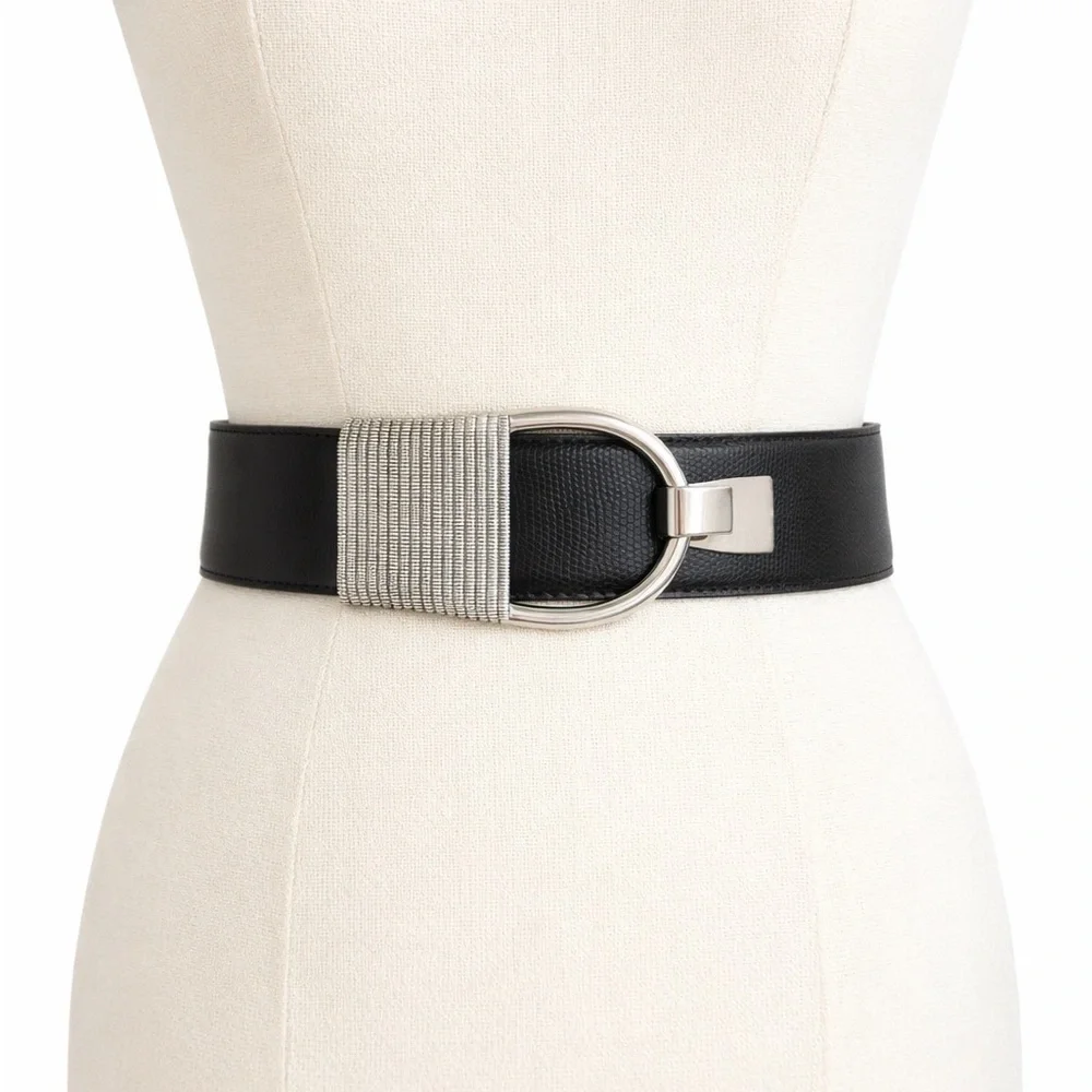 Black Leather Corset Statement Belt Silver Buckle Wide Waist Belt 41” Adjustable